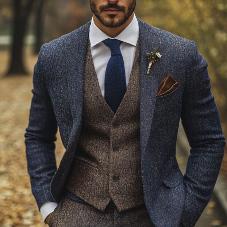 Stylish fall wedding guest outfits for men, showcasing a blend of seasonal trends and timeless fashion, with a focus on layering, colors, and accessories.