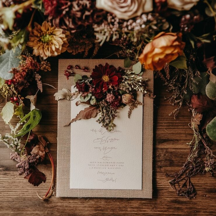 a fall wedding program showcasing various themes, from rustic burlap and lace to botanical pressed flowers, vintage jewel tones, minimalist modern calligraphy, and woodland natural elements, each designed to reflect the warmth and romance of the season.