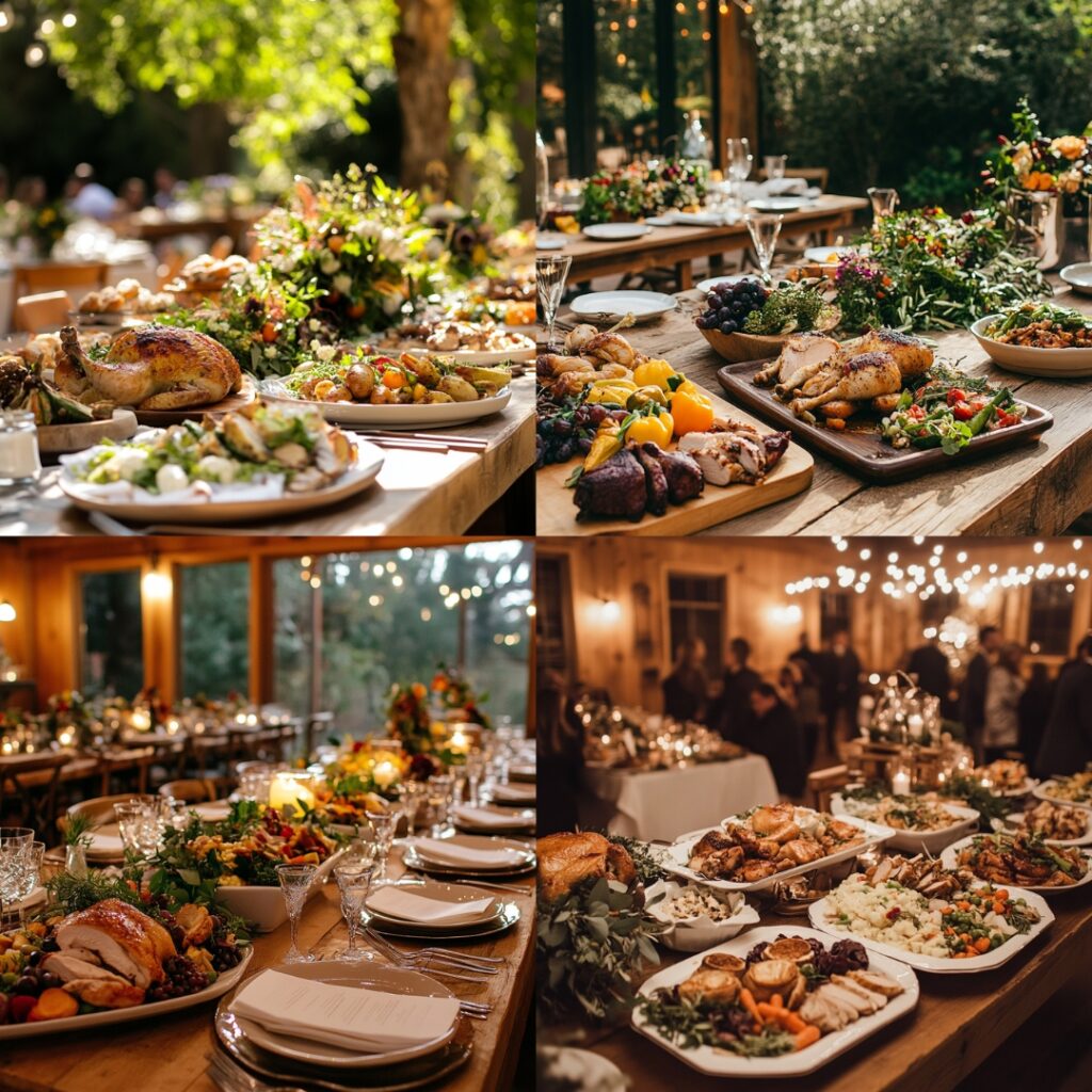 A cozy family-style dining setup at a wedding, featuring large platters of comfort foods like roasted chicken and seasonal vegetables, encouraging guest interaction.