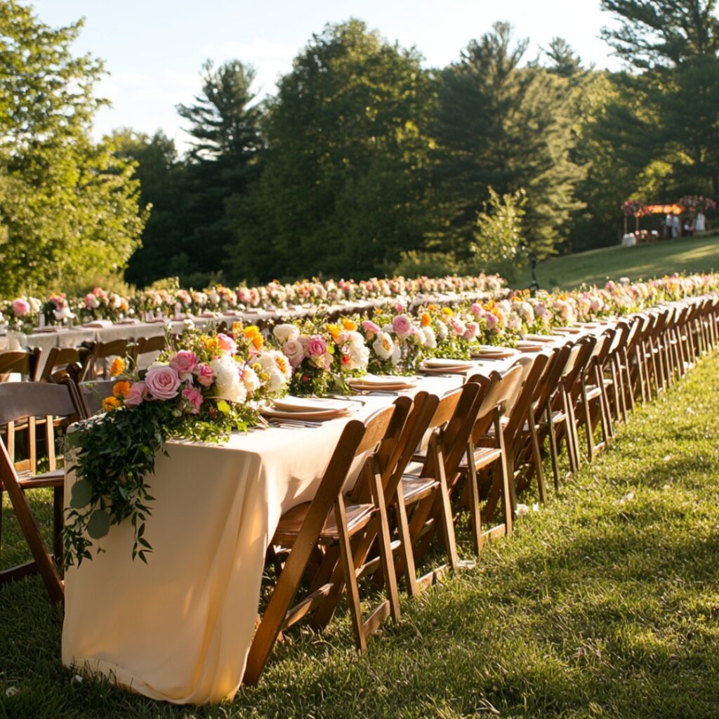 Family-style seating with long rows of chairs, creating a cozy, connected atmosphere; perfect for small, outdoor weddings, enhanced by uniform floral arrangements or candles along each row.