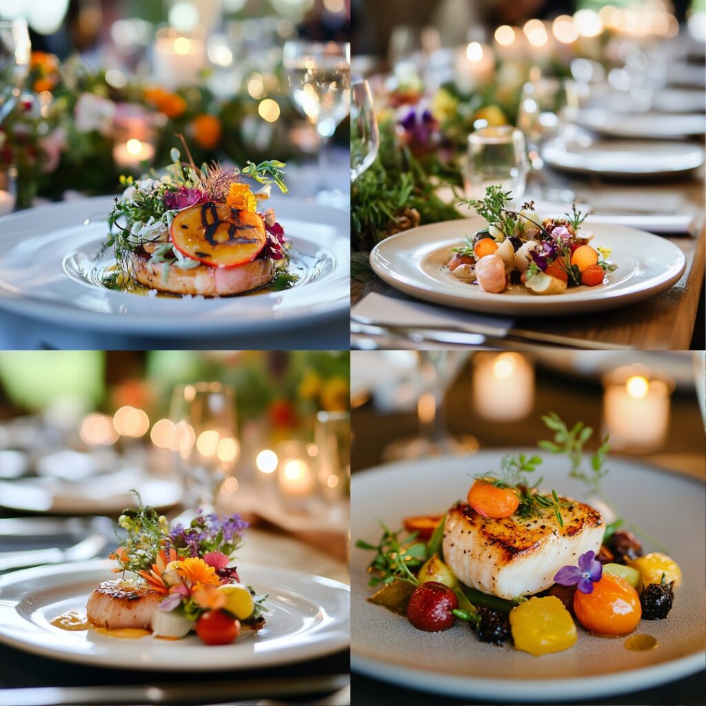 A beautifully plated farm-to-table dish showcasing locally sourced, seasonal ingredients at a wedding reception, emphasizing sustainability and freshness.