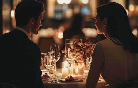 A couple seated at a candlelit table in a restaurant, dressed elegantly, their outfits enhancing the romantic atmosphere of the evening.