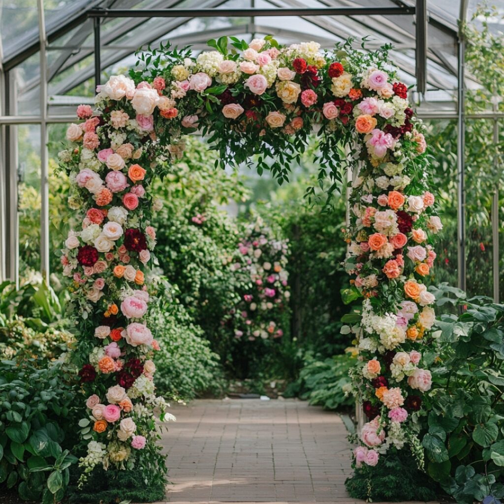 A beautiful floral archway adorned with seasonal blooms and greenery, serving as a romantic backdrop for a garden wedding ceremony.