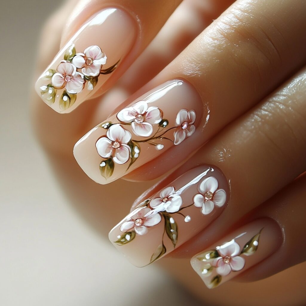 Beautiful nails with a French manicure enhanced by delicate floral designs, ideal for brides seeking a romantic and feminine touch on their wedding day.