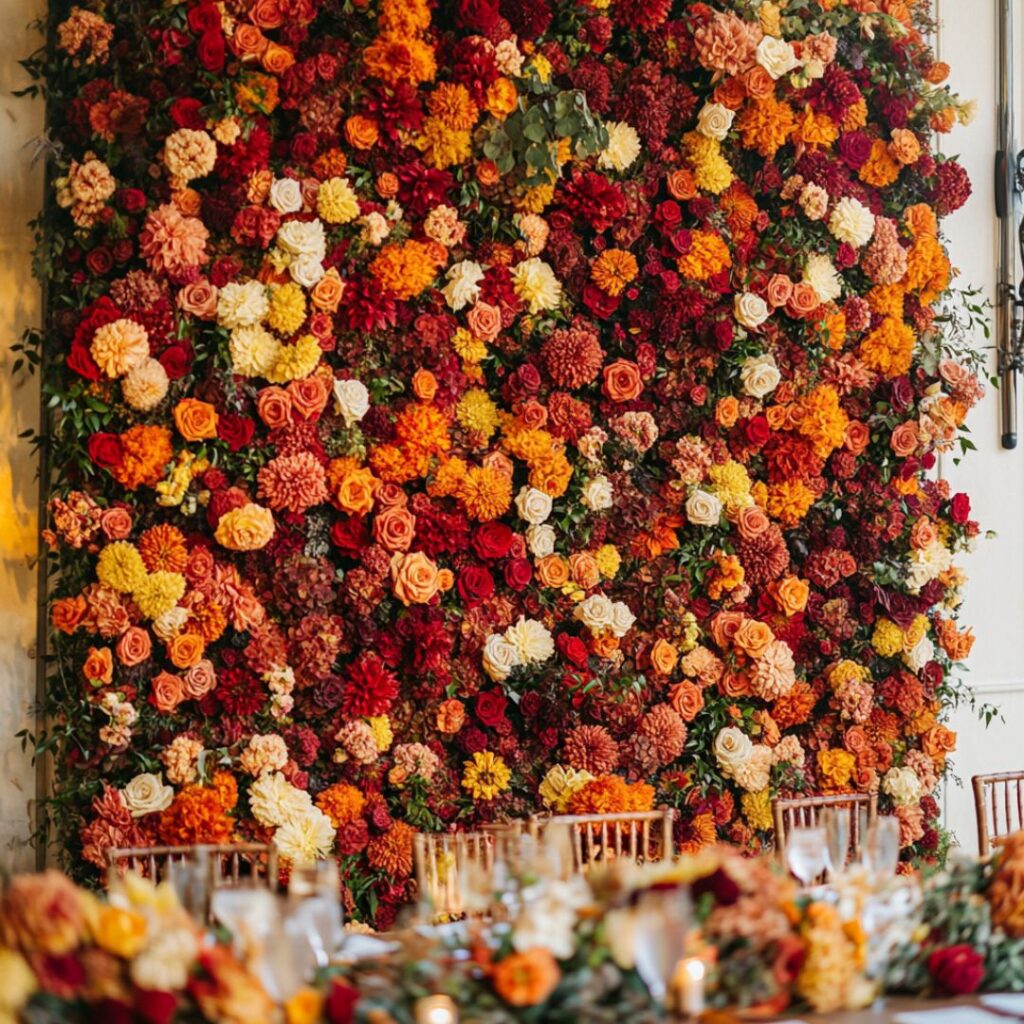 Lush floral wall in deep reds, oranges, and yellows, with roses, marigolds, and dahlias, creating a vibrant and fragrant backdrop for a fall wedding.