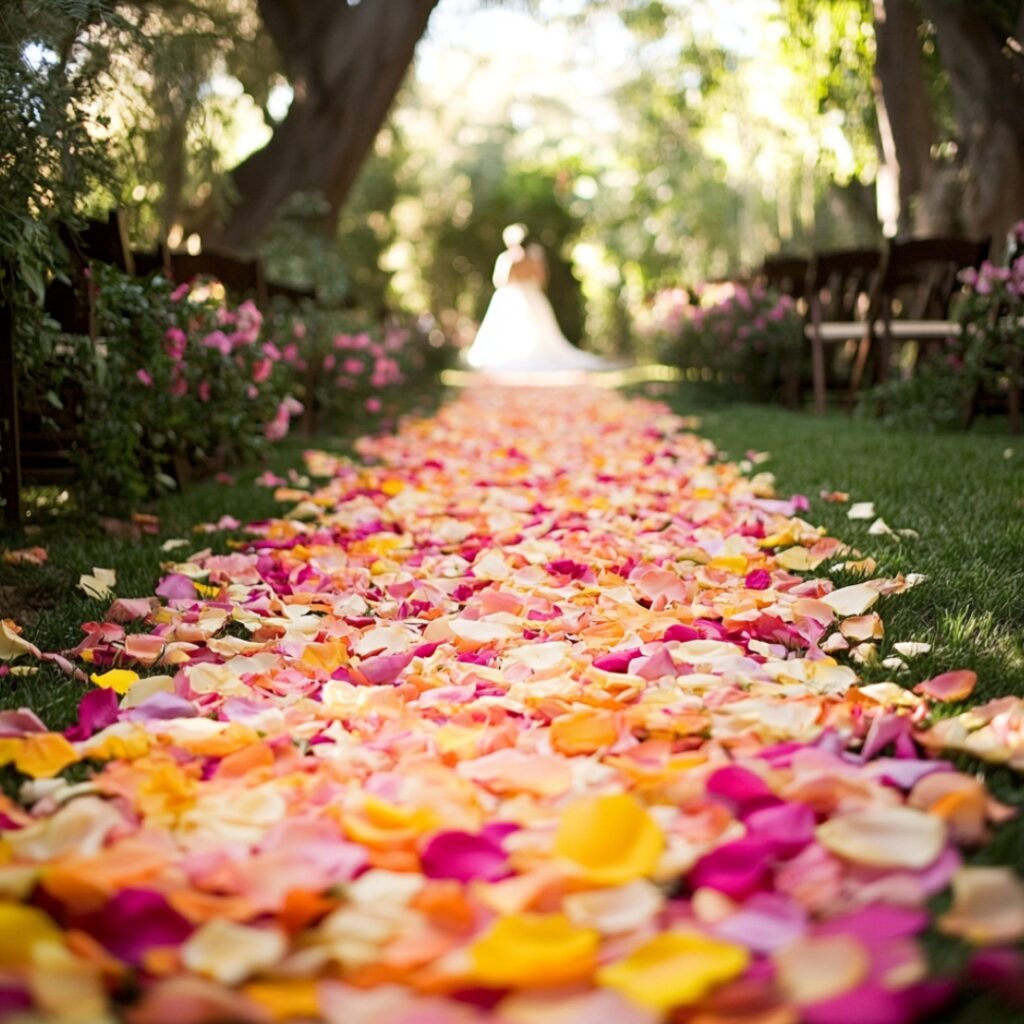 A flower petal-strewn aisle in vibrant colors, forming a soft and romantic path for the bride at a garden wedding ceremony.