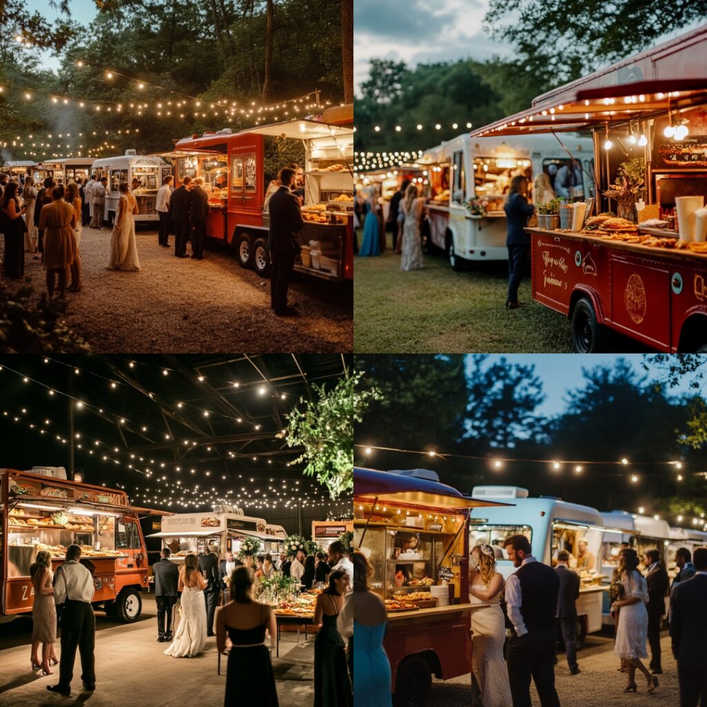 A lively wedding reception with multiple food trucks offering a variety of cuisines, including tacos, gourmet burgers, wood-fired pizza, and desserts like ice cream.