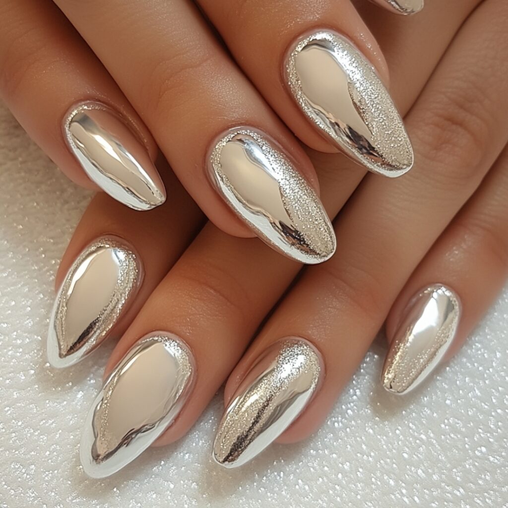 Glamorous bridal nails featuring a French manicure with metallic silver tips, adding a luxurious and modern twist to the traditional design.