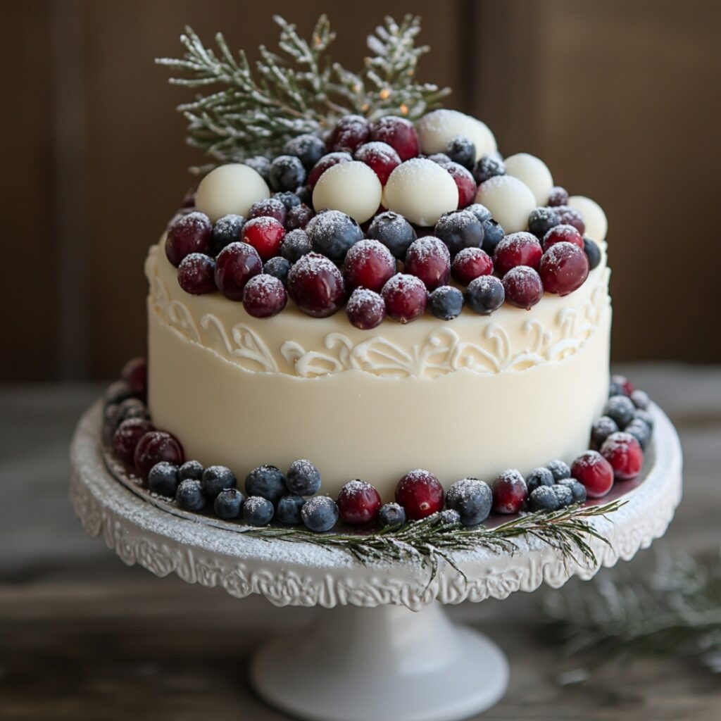 A winter-inspired small wedding cake covered in white fondant, decorated with sugared cranberries and blueberries, featuring almond sponge layers with cranberry compote and white chocolate ganache.