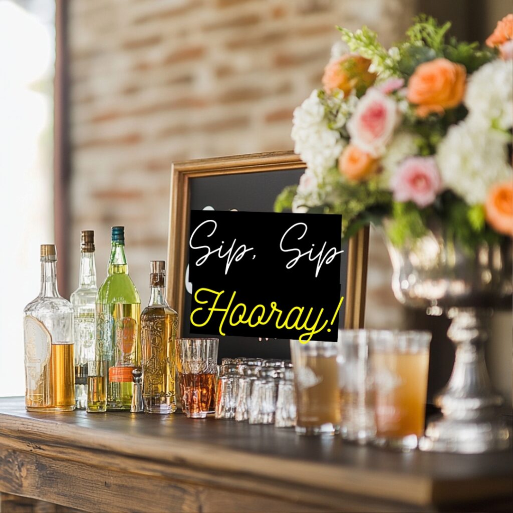 A humorous wedding bar sign featuring playful quotes or puns, such as 'Sip, Sip, Hooray!' adding a fun and light-hearted touch to the bar area.