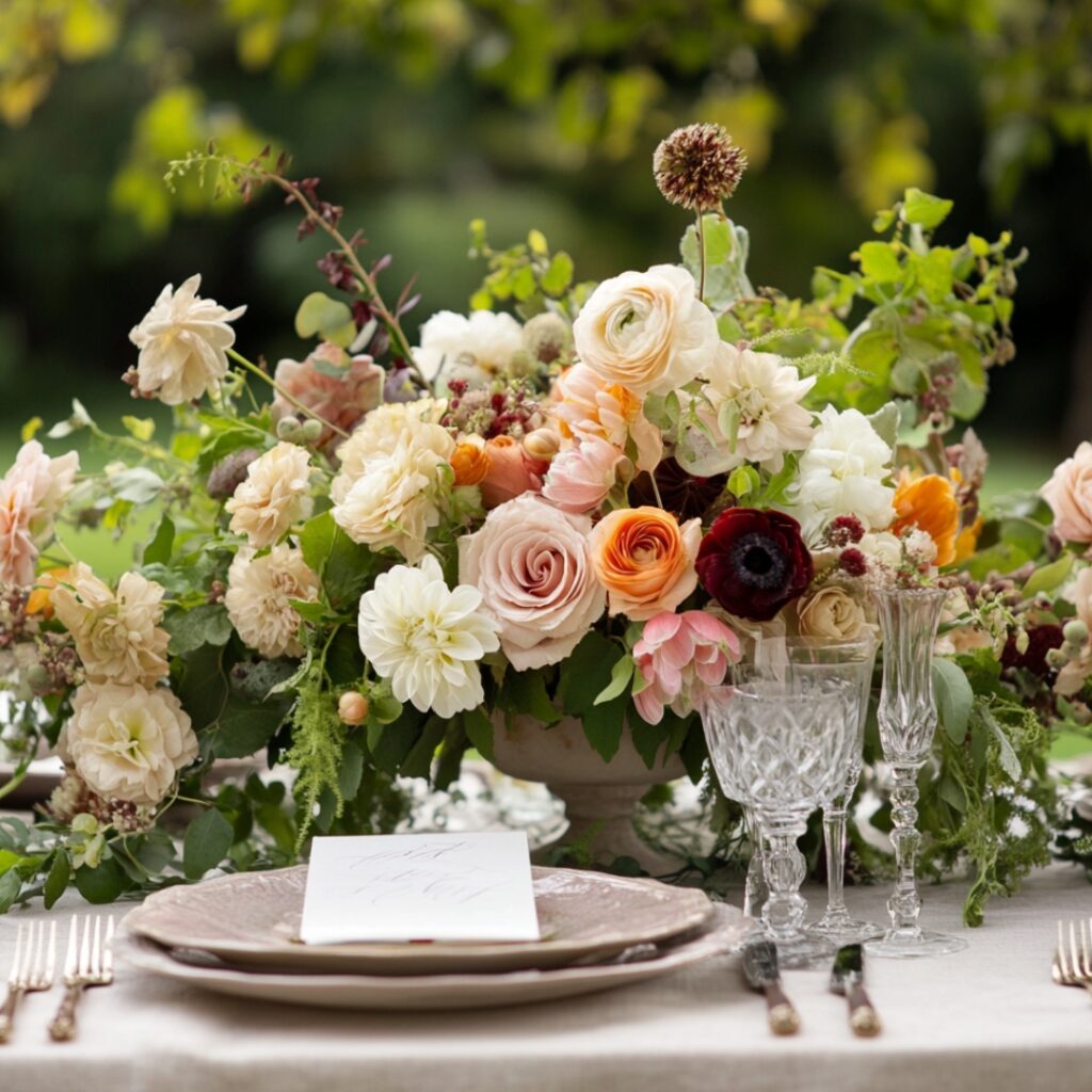 Elegant garden-inspired centerpieces featuring seasonal flowers and natural elements, creating a cohesive and organic table setting for a garden wedding.