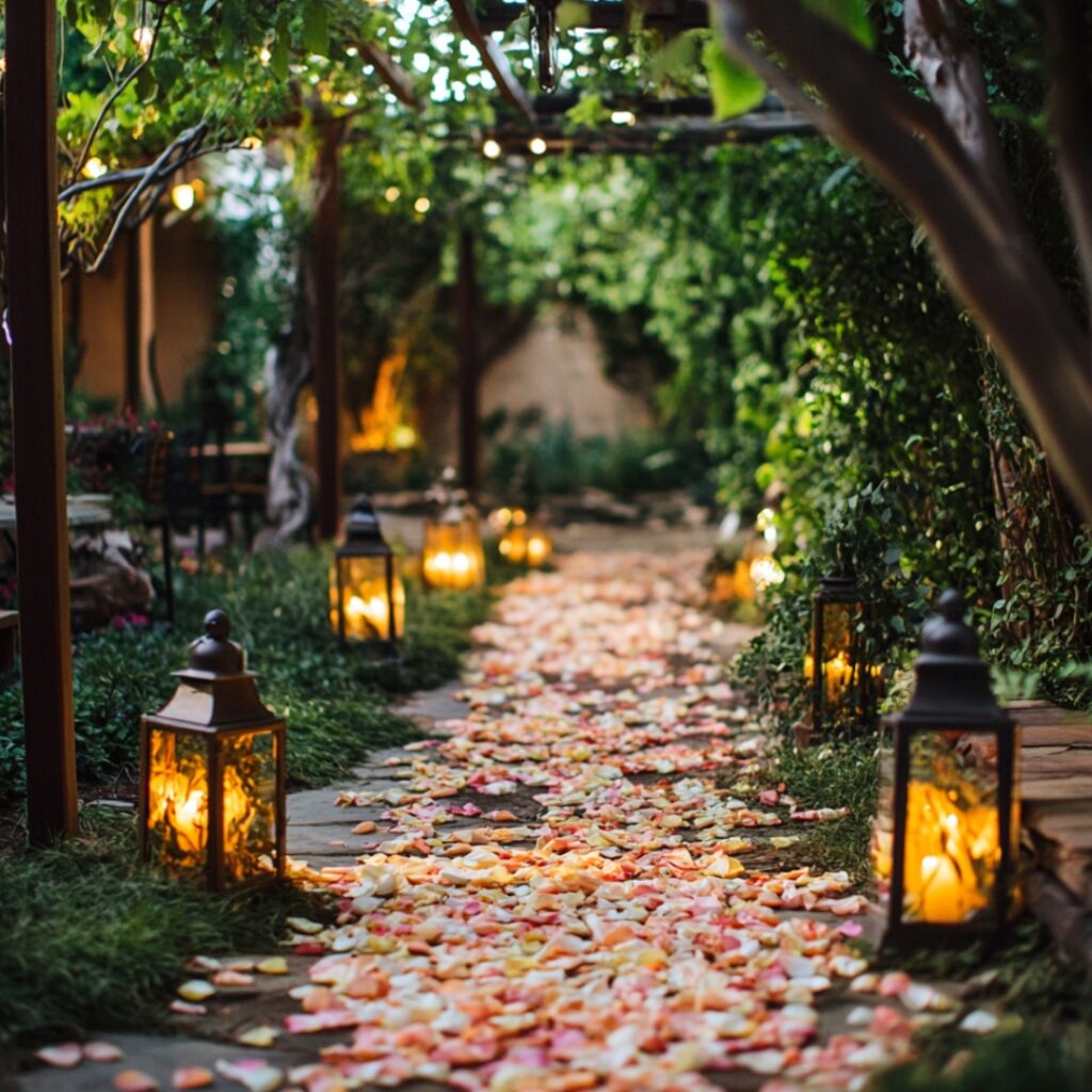 An enchanting garden pathway lined with flower petals and lanterns, guiding guests through the venue and enhancing the rustic charm of a garden wedding.