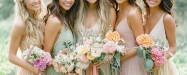 A cohesive collection of garden wedding bridesmaid dresses, featuring soft pastels, earthy tones, and bohemian-inspired designs, enhancing the natural beauty of the setting.