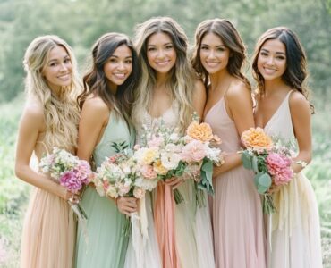 A cohesive collection of garden wedding bridesmaid dresses, featuring soft pastels, earthy tones, and bohemian-inspired designs, enhancing the natural beauty of the setting.