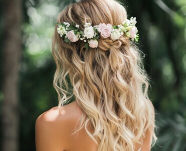 A selection of charming bridesmaid hairstyles, from romantic updos to loose waves with floral accents, perfect for enhancing the natural beauty of a garden wedding.
