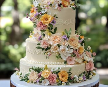 A beautifully crafted garden wedding cake that reflects personal style and complements the natural beauty of an outdoor setting, offering endless possibilities from floral designs to simple buttercream creations with fresh herbs.
