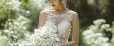 A garden wedding dress that blends style with natural beauty, enhancing the romantic ambiance of an outdoor ceremony.