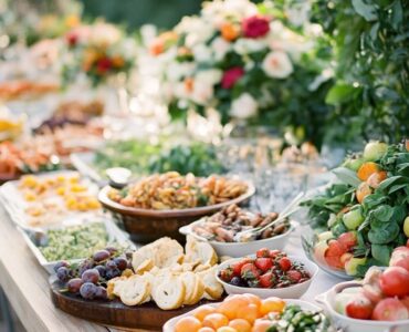 A beautifully arranged garden wedding food and drink spread with fresh, seasonal ingredients in an outdoor setting, emphasizing creative and memorable options for guests.