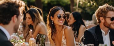 Guests at a garden wedding dressed in elegant and comfortable outfits, blending seamlessly with the romantic outdoor setting, celebrating the special occasion in style.
