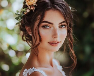 Bride embracing various garden wedding makeup styles, from natural glow to vibrant colors, enhancing her natural beauty while fitting the outdoor setting.