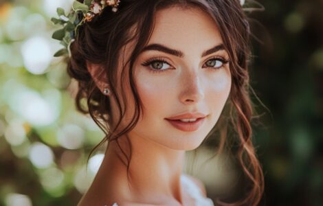 Bride embracing various garden wedding makeup styles, from natural glow to vibrant colors, enhancing her natural beauty while fitting the outdoor setting.