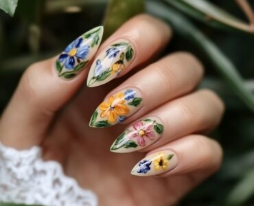 A collection of garden-inspired wedding nail designs, featuring a variety of styles from subtle floral accents to bold, colorful blooms, enhancing the bridal look and embracing the natural beauty of a garden setting.
