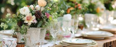 A beautifully decorated garden wedding table featuring a mix of rustic wooden centerpieces, vintage china, and eco-friendly bamboo tableware, showcasing a harmonious blend of personal style and natural elements to create a memorable outdoor celebration.
