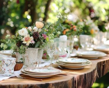 A beautifully decorated garden wedding table featuring a mix of rustic wooden centerpieces, vintage china, and eco-friendly bamboo tableware, showcasing a harmonious blend of personal style and natural elements to create a memorable outdoor celebration.