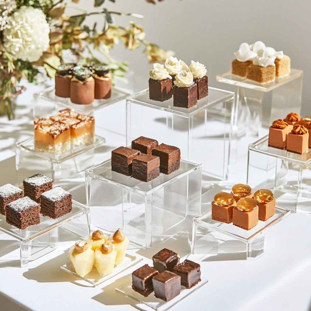 A striking minimalist dessert table with angular brownies, square petit fours, and hexagon-shaped cookies displayed on modern geometric stands with clear acrylic risers.