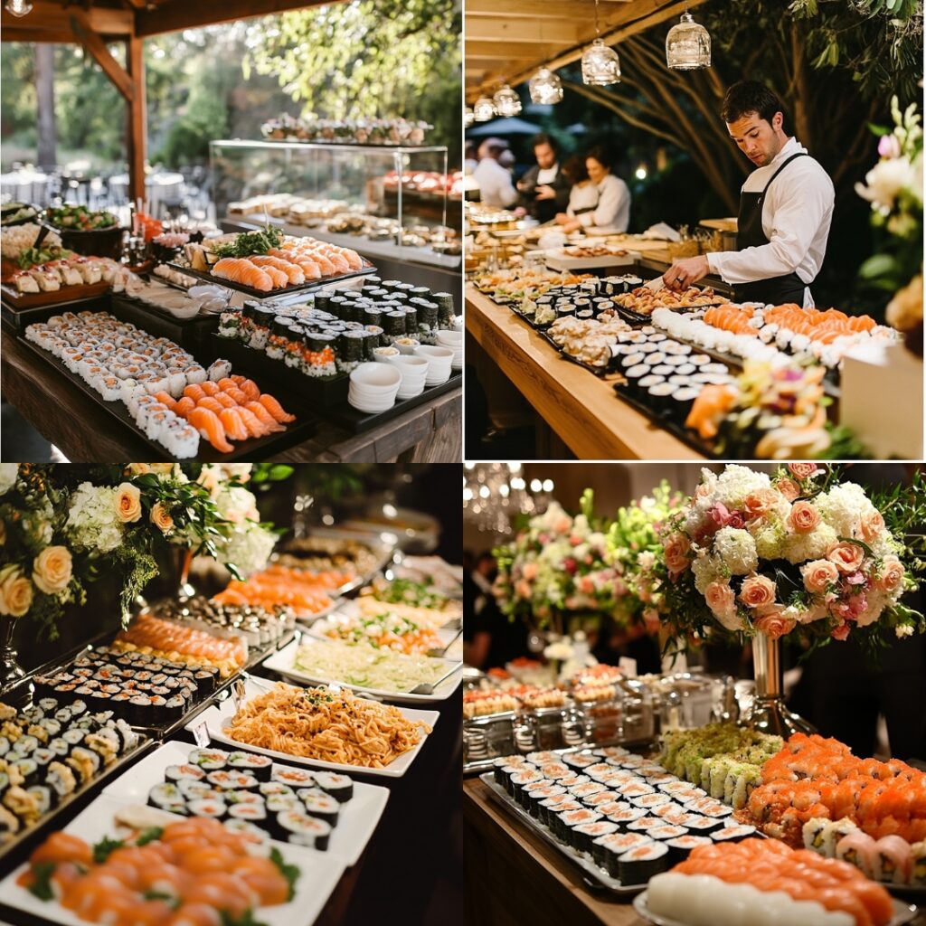 A stylish gourmet food station at a wedding featuring a sushi bar, pasta station, and carving station, encouraging guest interaction and culinary exploration.