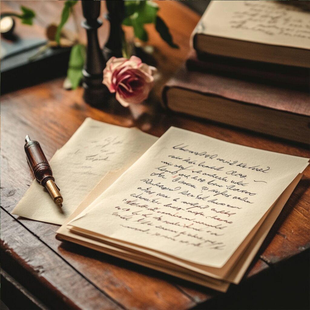 Picture of a handwritten letter on elegant stationery, expressing intimate thoughts and feelings.