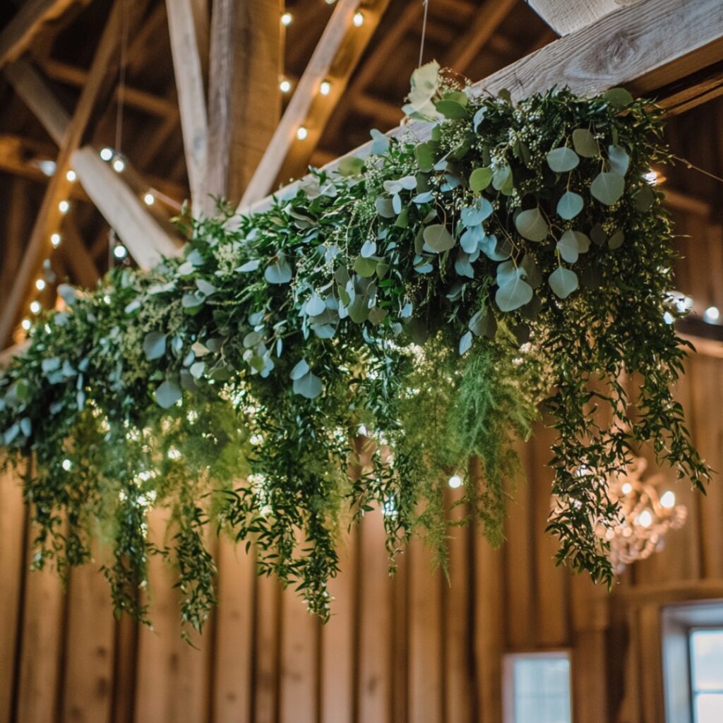 Lush hanging greenery installation featuring eucalyptus, ivy, and ferns draped across barn beams, enhancing the rustic atmosphere.