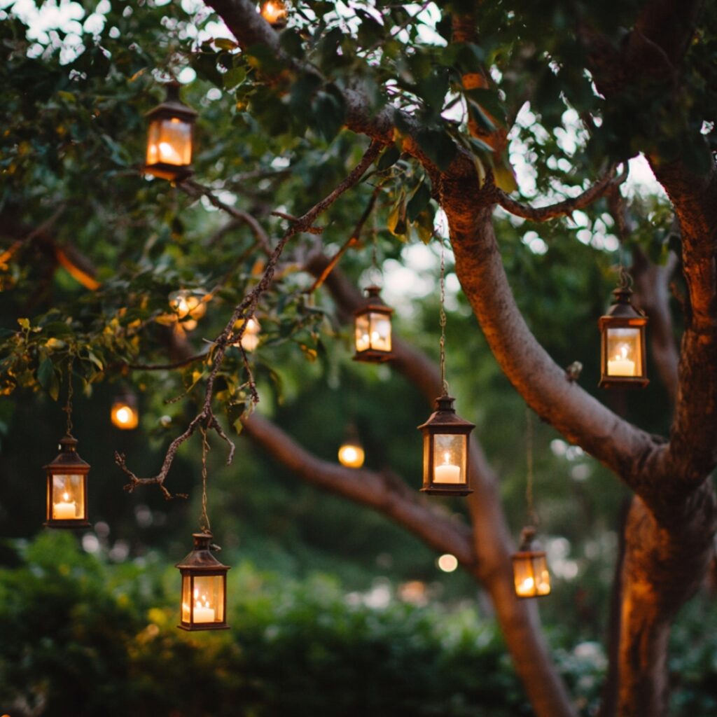 Softly glowing hanging lanterns suspended from tree branches, adding a whimsical and warm ambiance to a garden wedding at dusk.