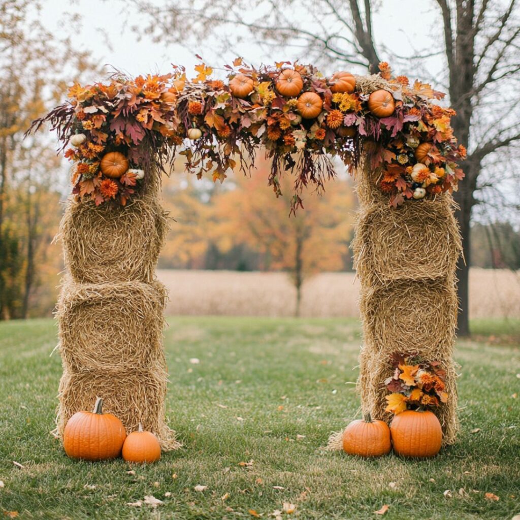 Charming rustic hay bale backdrop adorned with pumpkins, mums, and colorful leaves, ideal for a budget-friendly and cozy fall wedding ceremony.