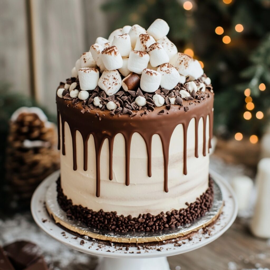 A cozy winter-themed small wedding cake resembling hot cocoa, with chocolate layers, mocha buttercream, a ganache drip, and topped with mini marshmallows and chocolate shavings.