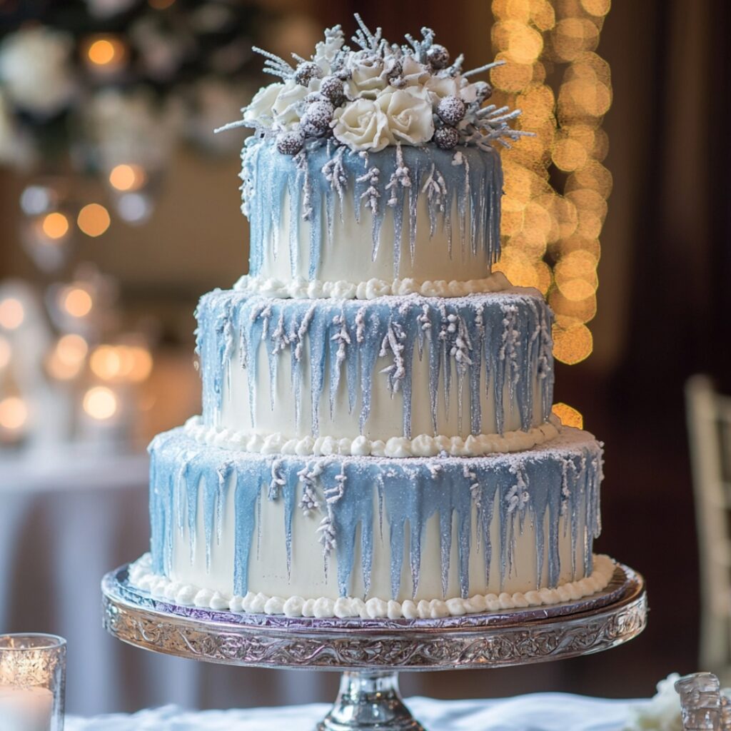 A winter wedding cake with cascading blue and silver sugar glaze icicles, spiced layers of cinnamon and nutmeg, and cream cheese frosting, dusted with powdered sugar.