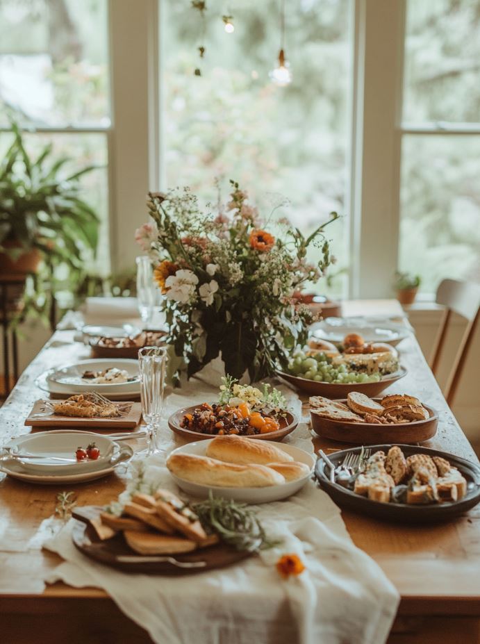 A cozy bridal shower held at home with simple décor, games, and homemade treats for a small group of close friends and family.