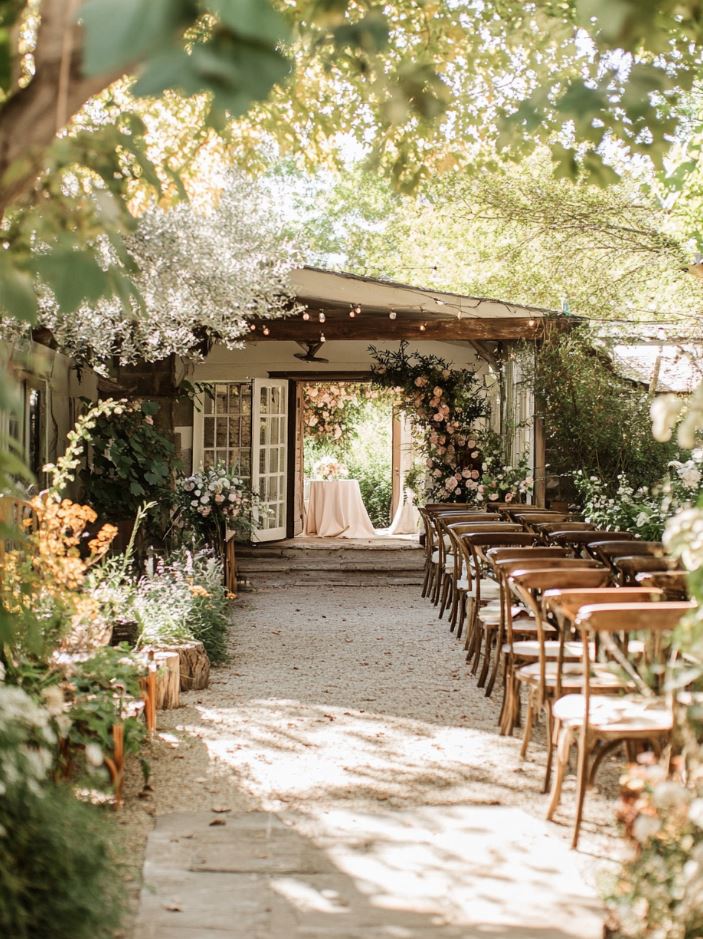 A small, intimate wedding ceremony with only close family and friends, hosted at home for a peaceful and personal celebration.