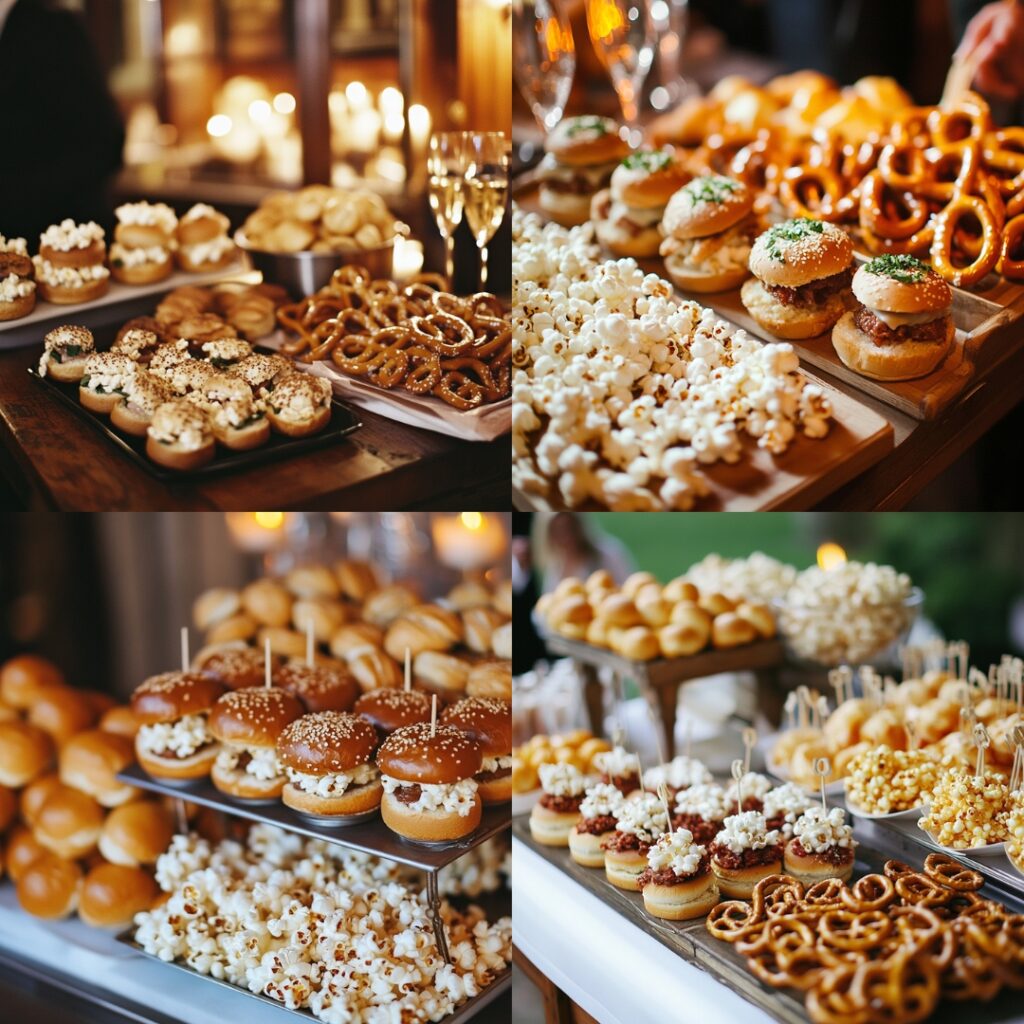 Late-night wedding snacks like mini sliders, gourmet popcorn, and soft pretzels, offering guests a tasty and casual way to refuel after dancing.
