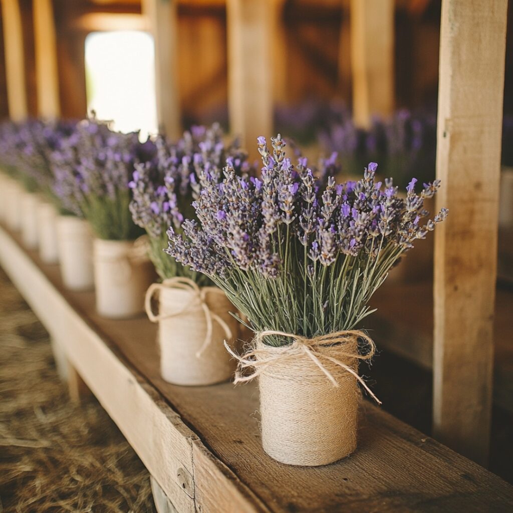 Simple lavender bundles tied with twine, used as aisle markers or centerpieces, bringing rustic fragrance and beauty to a barn wedding.