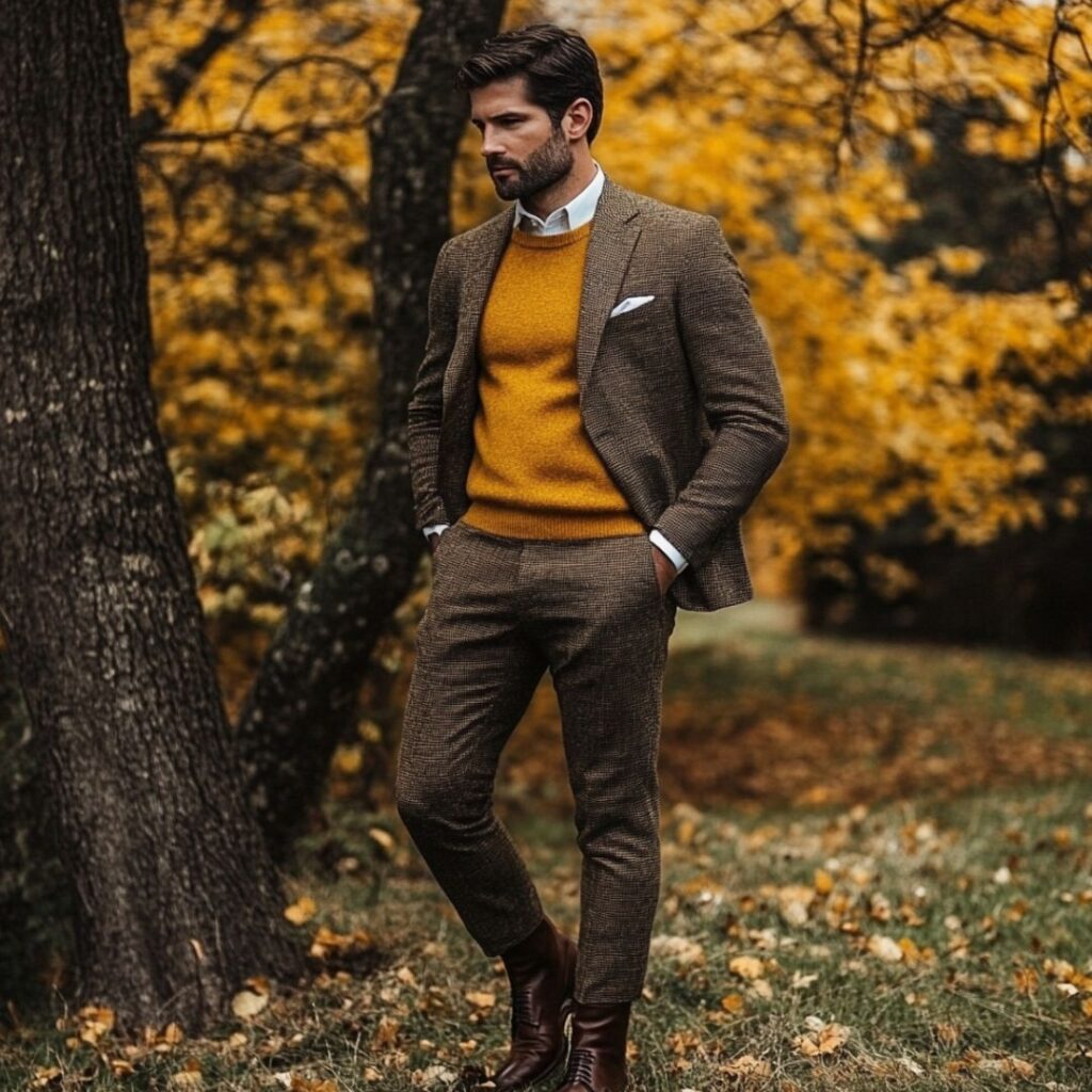 Man dressed in a mustard sweater layered under a tweed blazer, paired with slim-fit trousers and leather boots for a stylish fall wedding.
