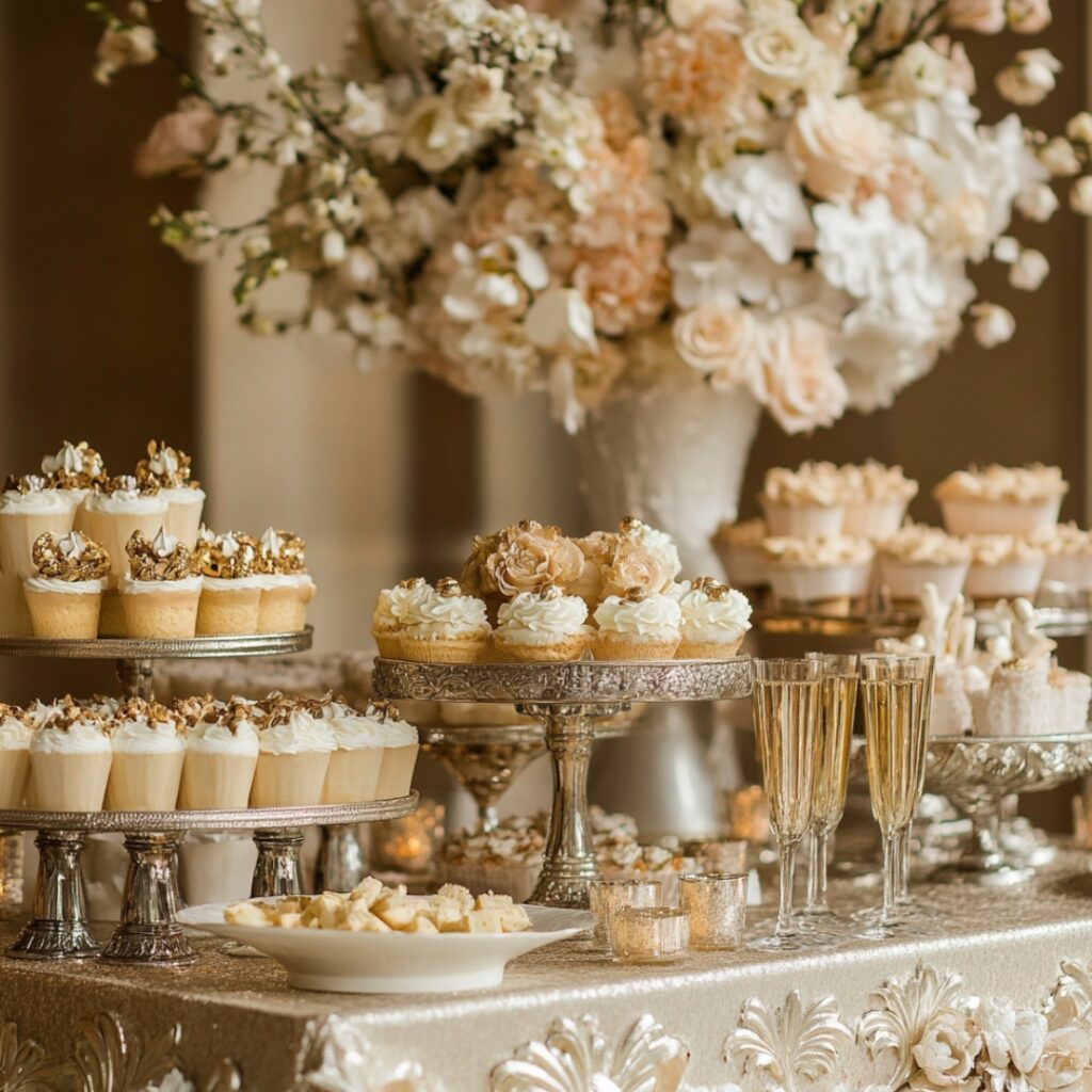 A champagne-inspired dessert table with gold and silver accents, featuring champagne-flavored desserts, bubbly glasses, and cascading flowers for a luxurious wedding.