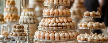 A beautifully arranged luxury wedding dessert table featuring a variety of elegant and unique treats like a macaron tower with champagne-infused cream and a caramel apple bar. Each dessert is meticulously presented to reflect personal style and vision, creating a memorable and indulgent experience for wedding guests.