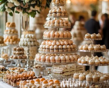 A beautifully arranged luxury wedding dessert table featuring a variety of elegant and unique treats like a macaron tower with champagne-infused cream and a caramel apple bar. Each dessert is meticulously presented to reflect personal style and vision, creating a memorable and indulgent experience for wedding guests.