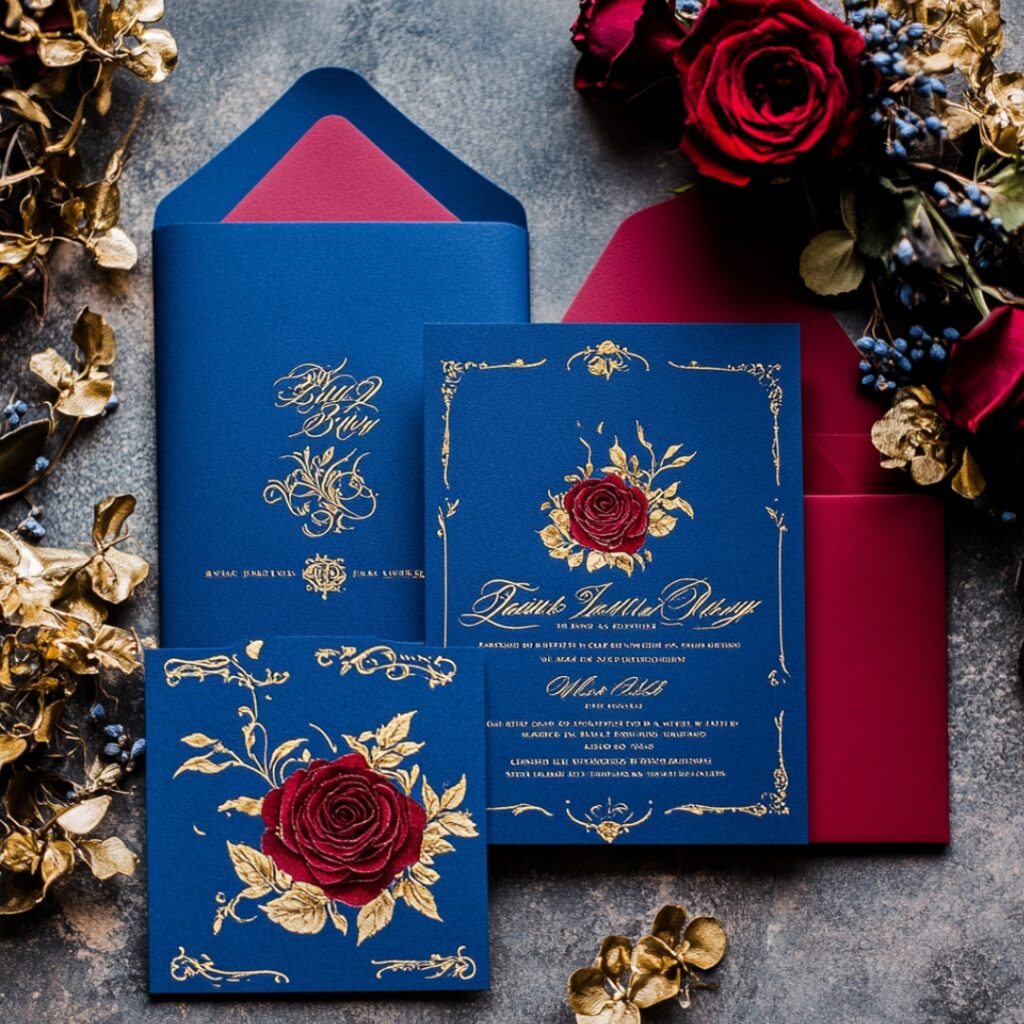 Elegant wedding invitations featuring gold foil details, calligraphy, and illustrations of the enchanted rose, designed with deep blue, gold, and red colors, capturing the Beauty and the Beast theme.