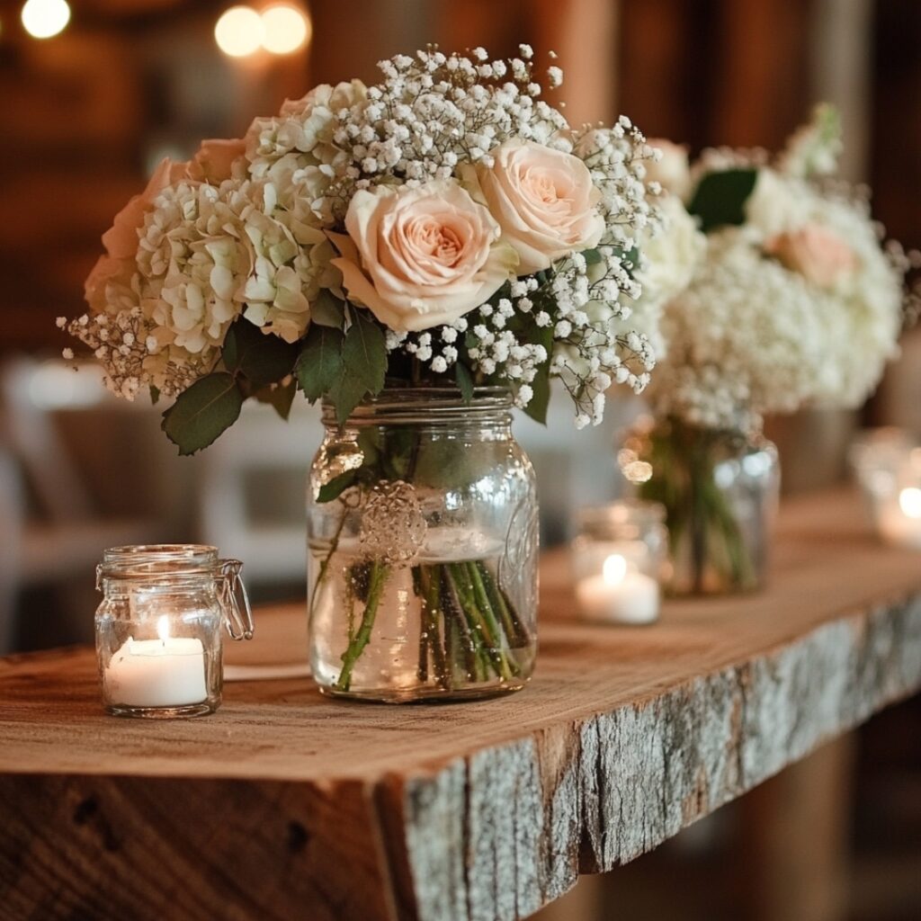 Mason jars filled with roses, baby’s breath, and hydrangeas, placed on wooden slabs, adding rustic charm to barn wedding tables.