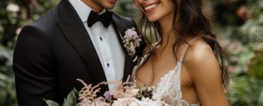 Coordinated garden wedding outfits for couples showcasing a variety of styles, colors, and themes that beautifully complement the natural setting.