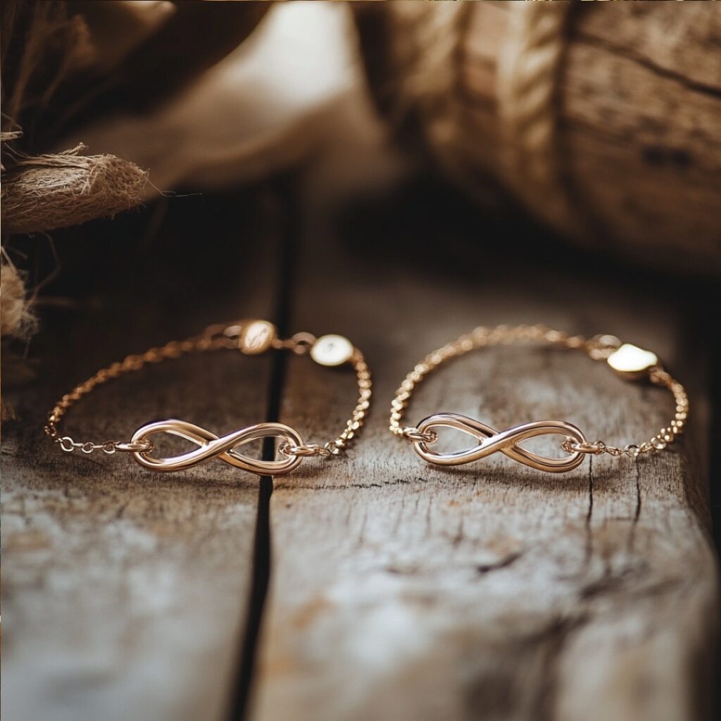 Photo of matching bracelets with infinity symbols, symbolizing a connection despite long distance.