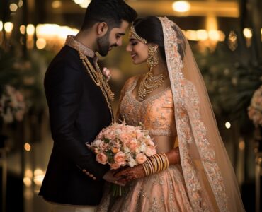Couple choosing wedding outfits that reflect their style and wedding theme, enhancing the overall ambiance of their big day.