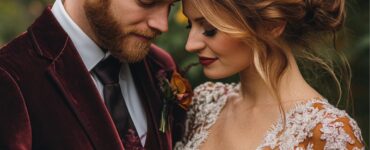 Couple dressed in coordinated fall wedding outfits featuring rich colors, luxurious fabrics, and stylish accessories, reflecting their personal style and the beauty of the season.
